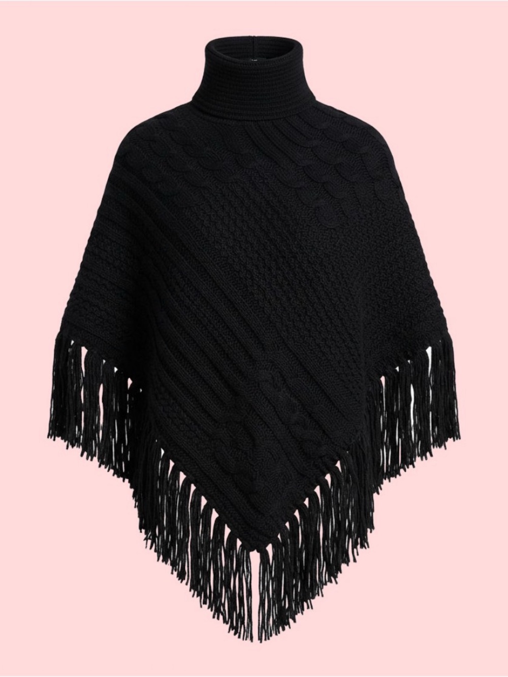 UGG Australia Black Cable Knit Fringe Poncho Turtleneck Cape OS